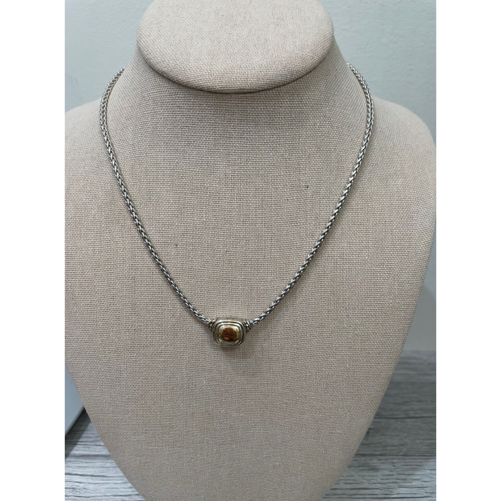 John Medeiros Nouvveau Two Tone Wheat Chain Necklace Silver Gold Pendant JM Logo